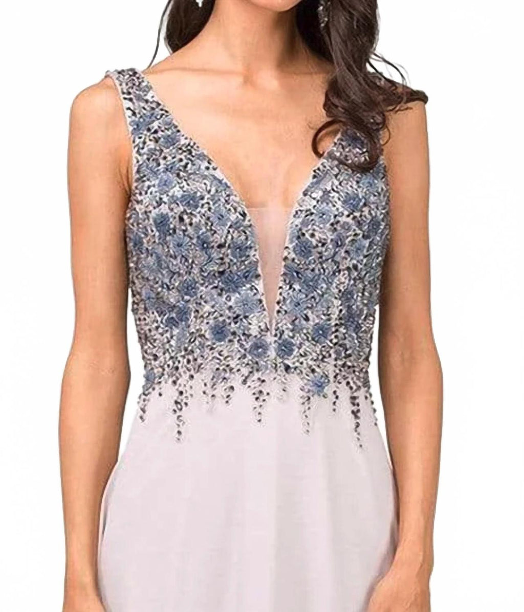 Floral Beaded Bodice A-Line Maxi Dress In Light Mocha