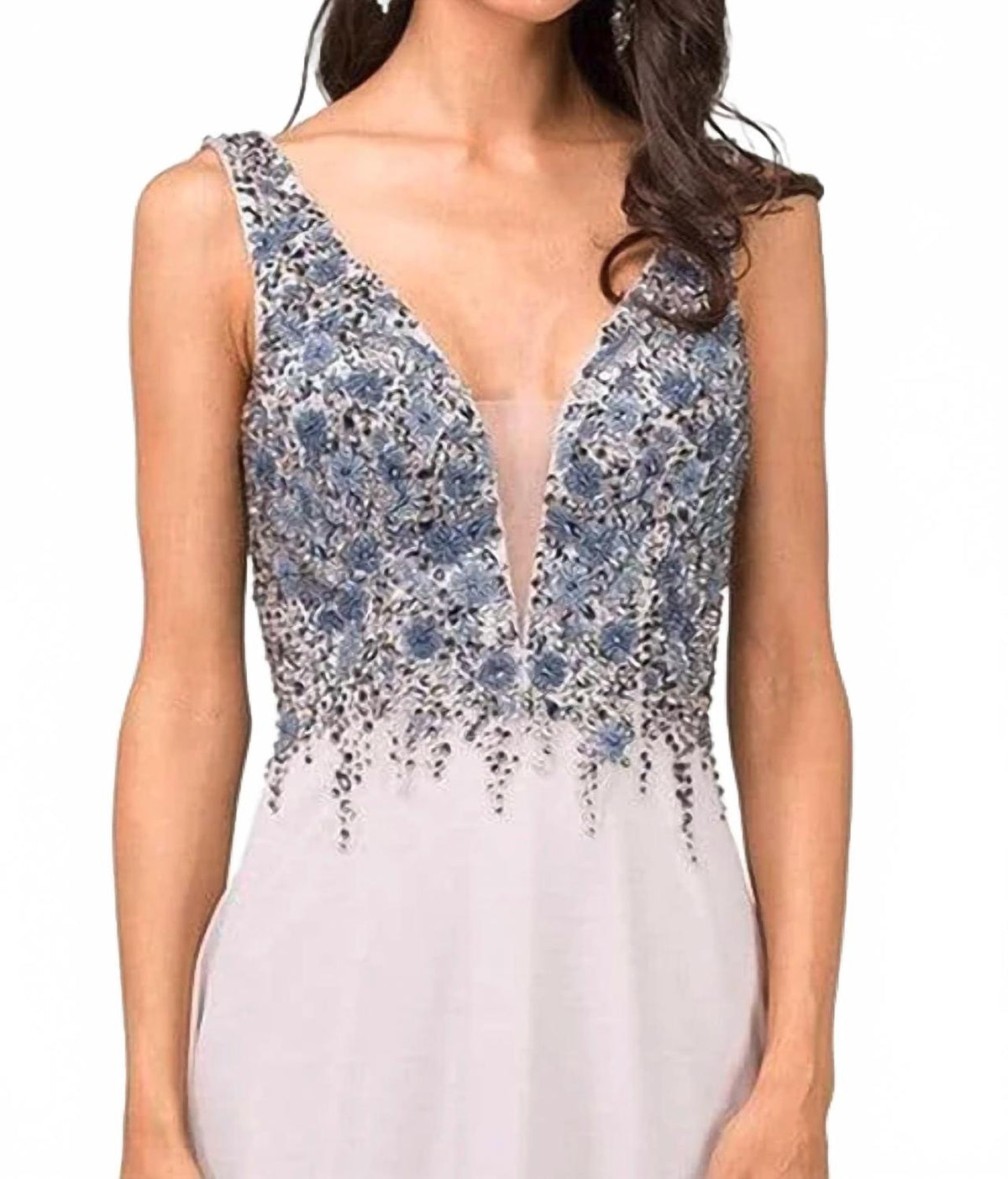 Floral Beaded Bodice A-Line Maxi Dress In Light Mocha