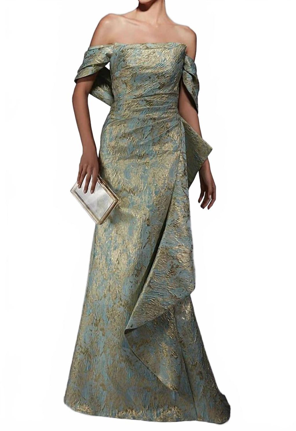 Detachable Sleeve Jacquard Mermaid Dress In Sea Glass Gold