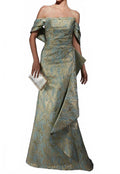 Detachable Sleeve Jacquard Mermaid Dress In Sea Glass Gold
