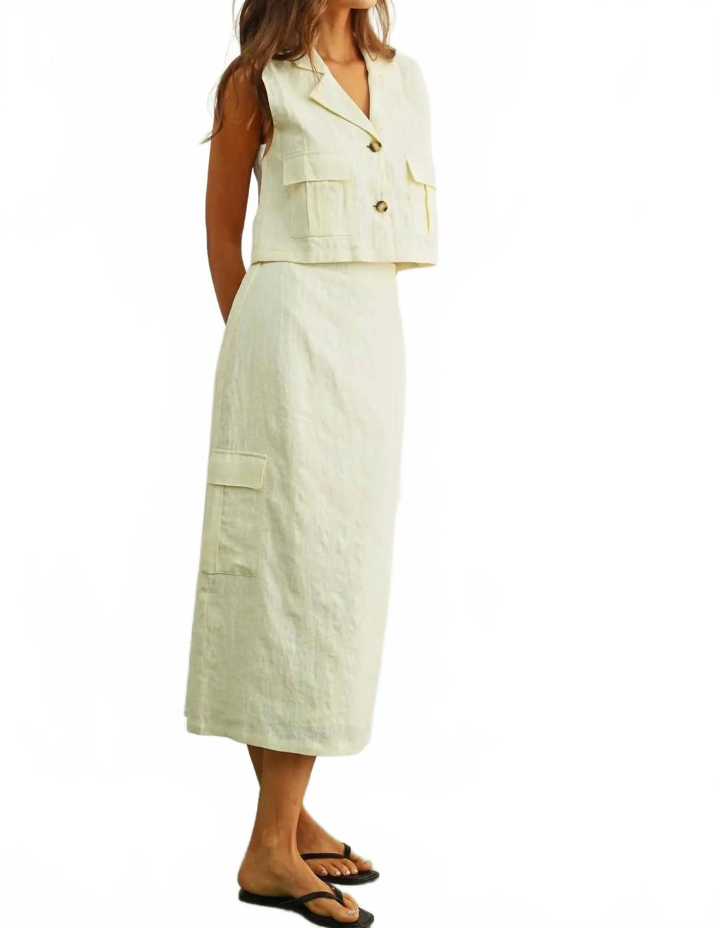 Linen Cargo Midi Skirt In Ivory