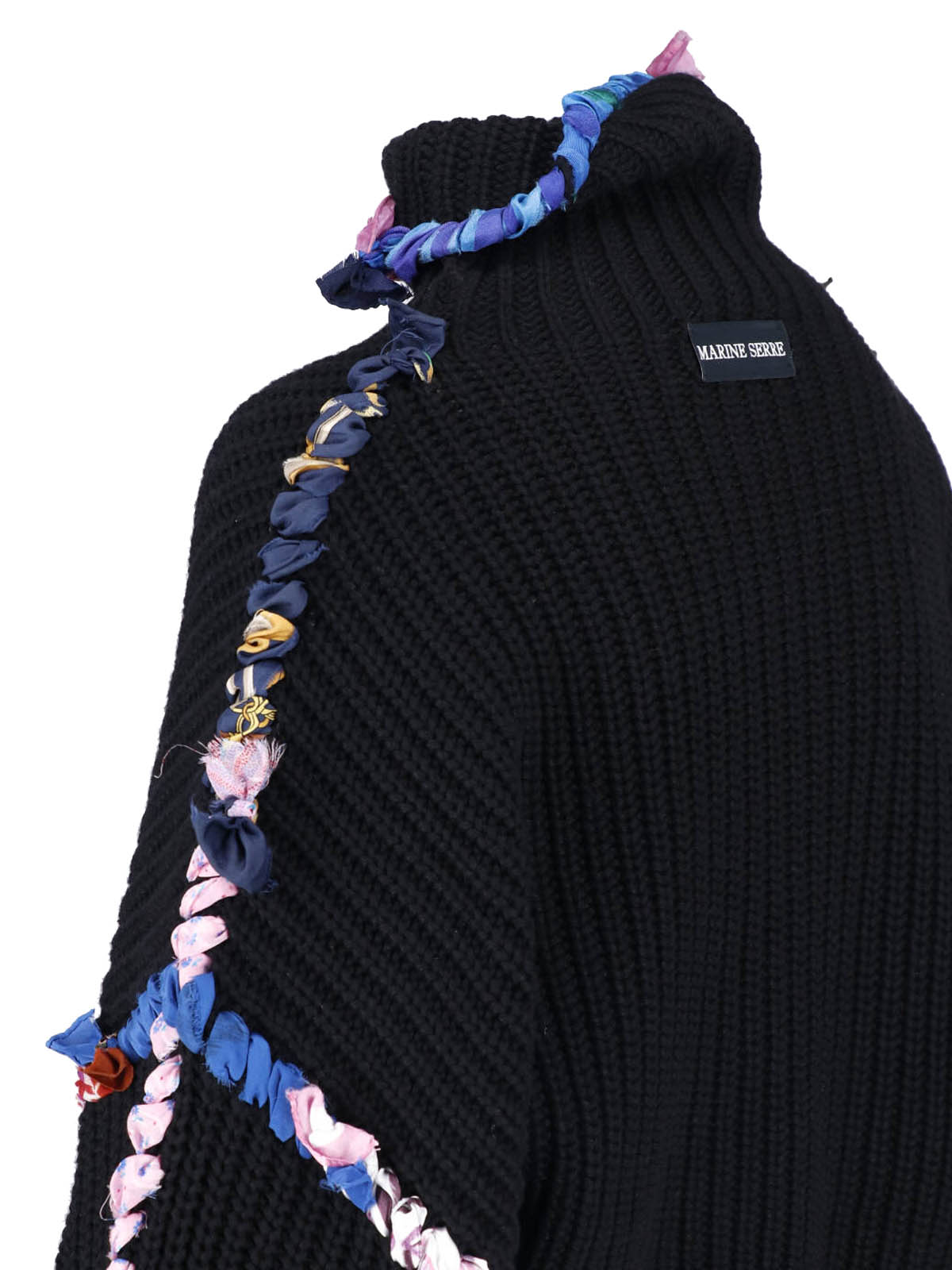 Black Wool-Viscose Ribbed Upcycled Silk Scarf Turtleneck Sweater