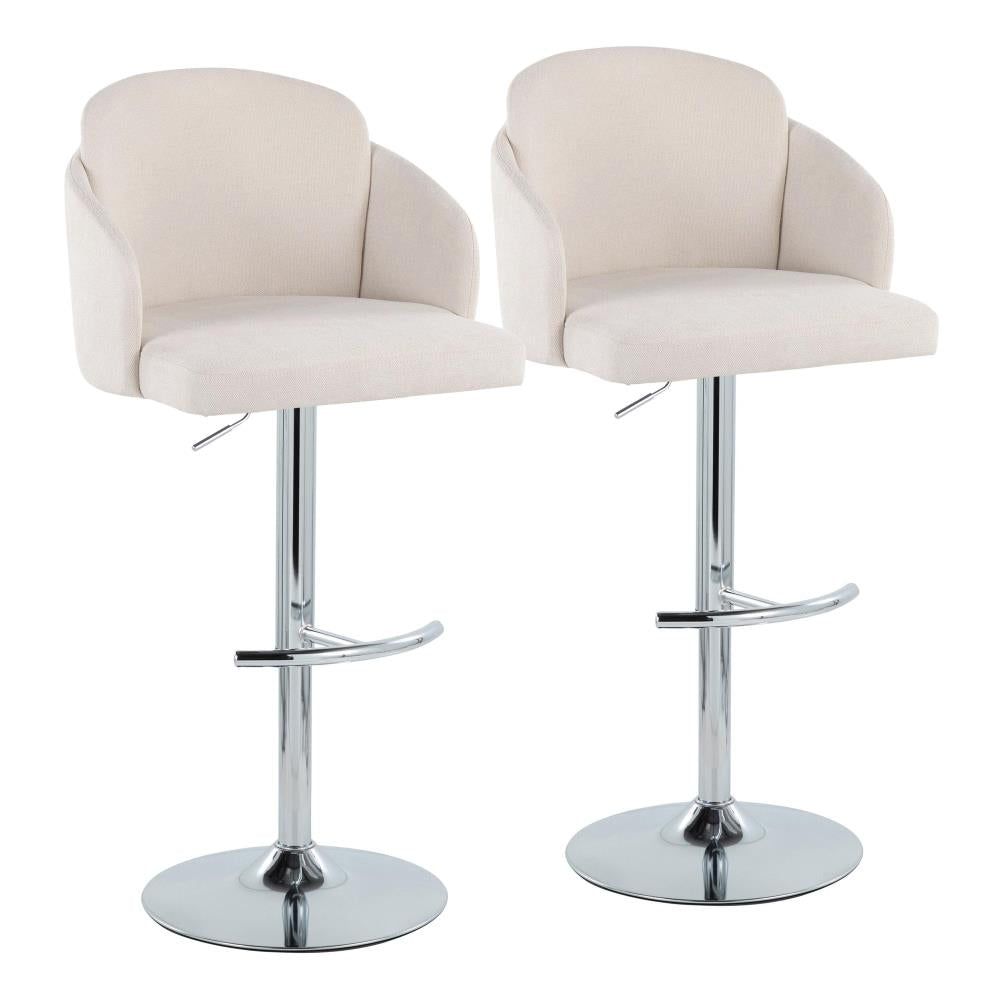 Set of 2 Modern Adjustable Bar Stools with Fabric Upholstery and Round Metal Footrests