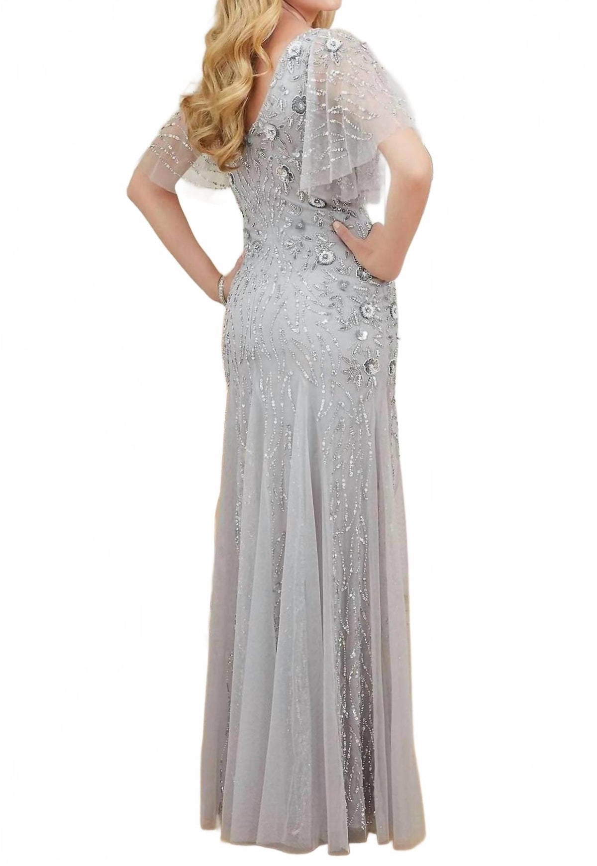 Beaded Short Sleeve Evening Maxi Dress In Silver