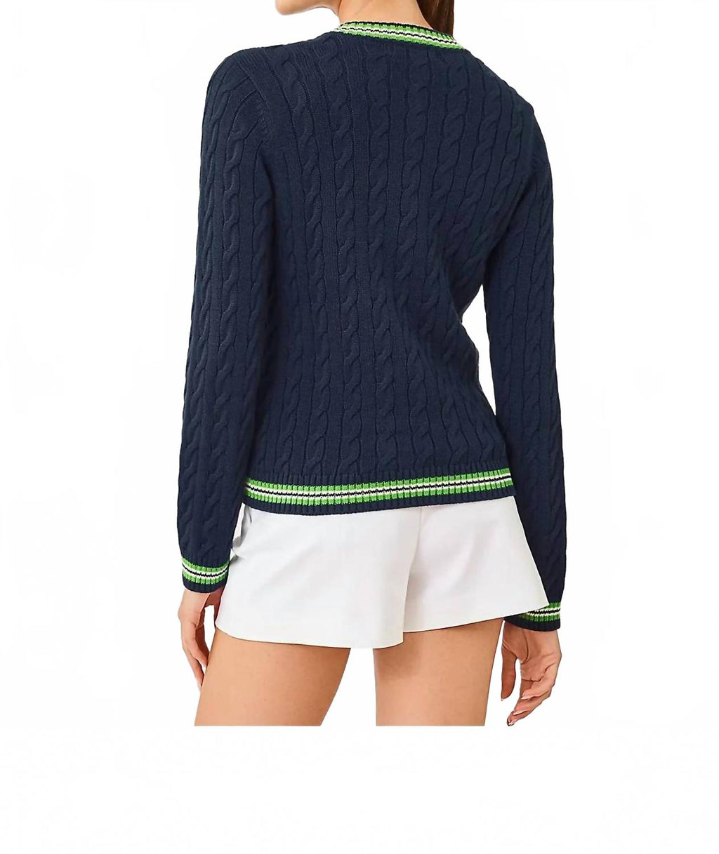 Brockton Crew Neck Cardigan In Low Tide Navy X Chateau Green Tipping