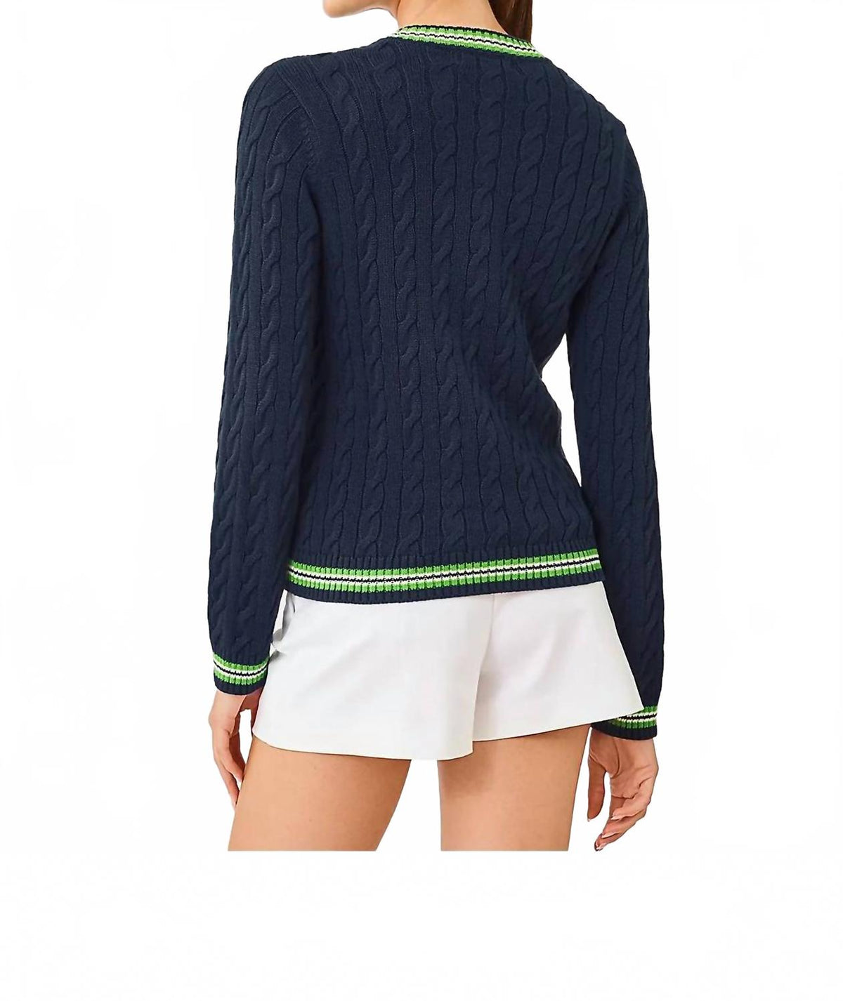 Brockton Crew Neck Cardigan In Low Tide Navy X Chateau Green Tipping