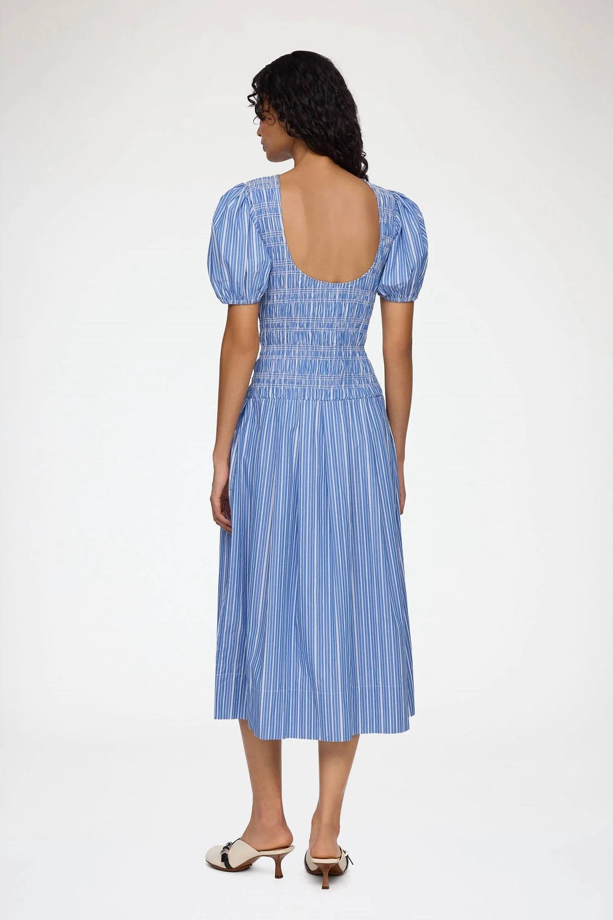 Stripe Cotton Long Smocked Pleated Dress In Nouvean Navy