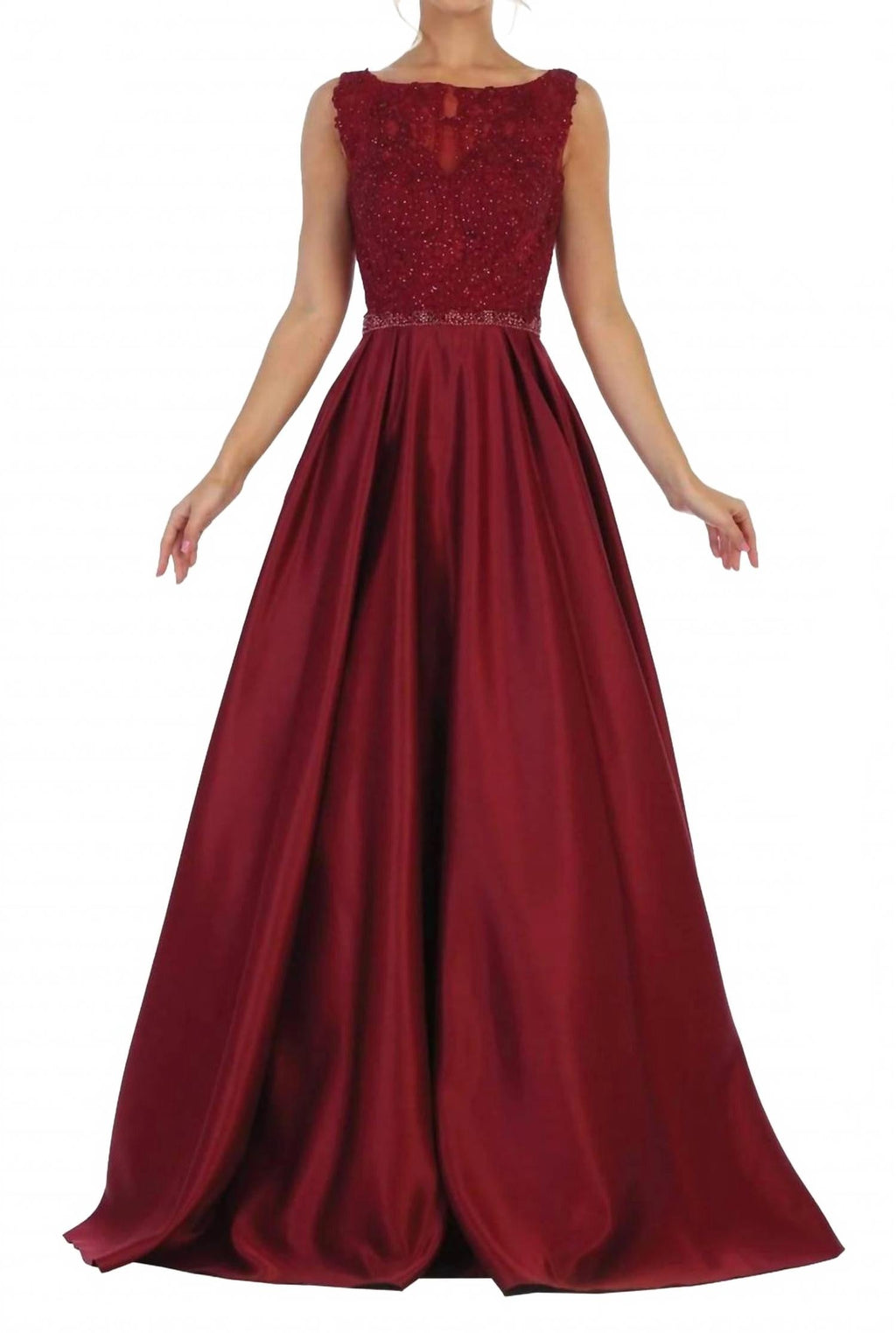 Embellished Bateau Pleated Ballgown In Burgundy