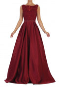 Embellished Bateau Pleated Ballgown In Burgundy