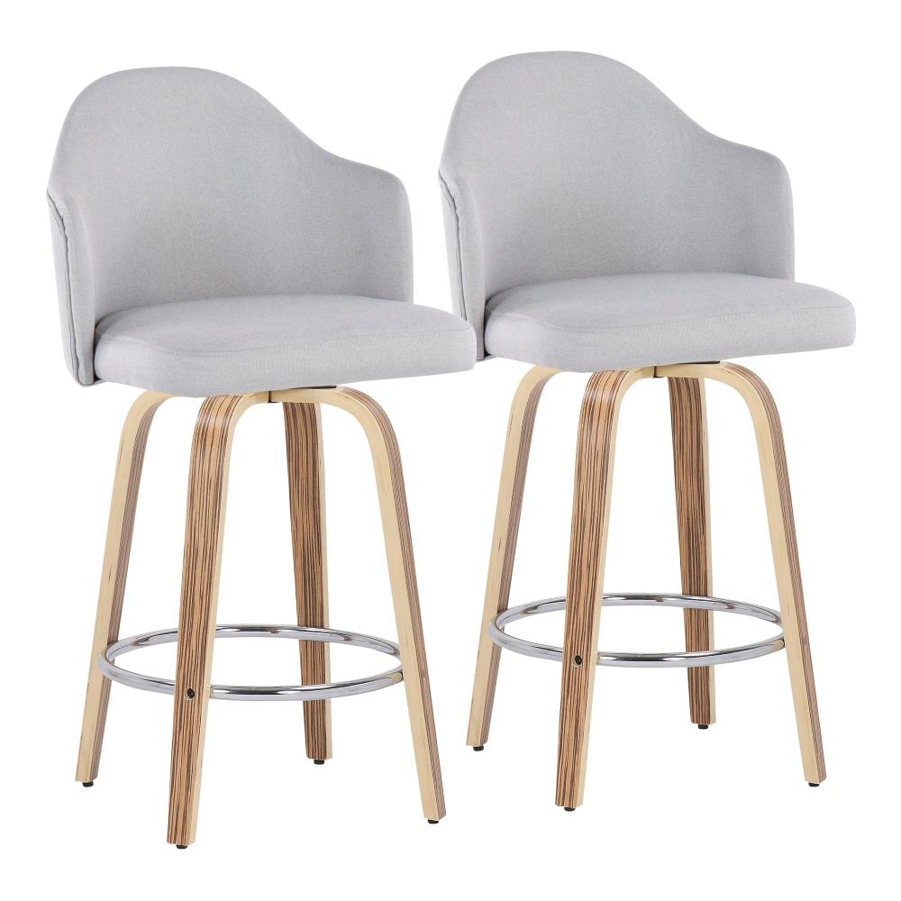 Set of 2 Upholstered Counter Chairs with Wooden Legs and Chrome Footrest Details