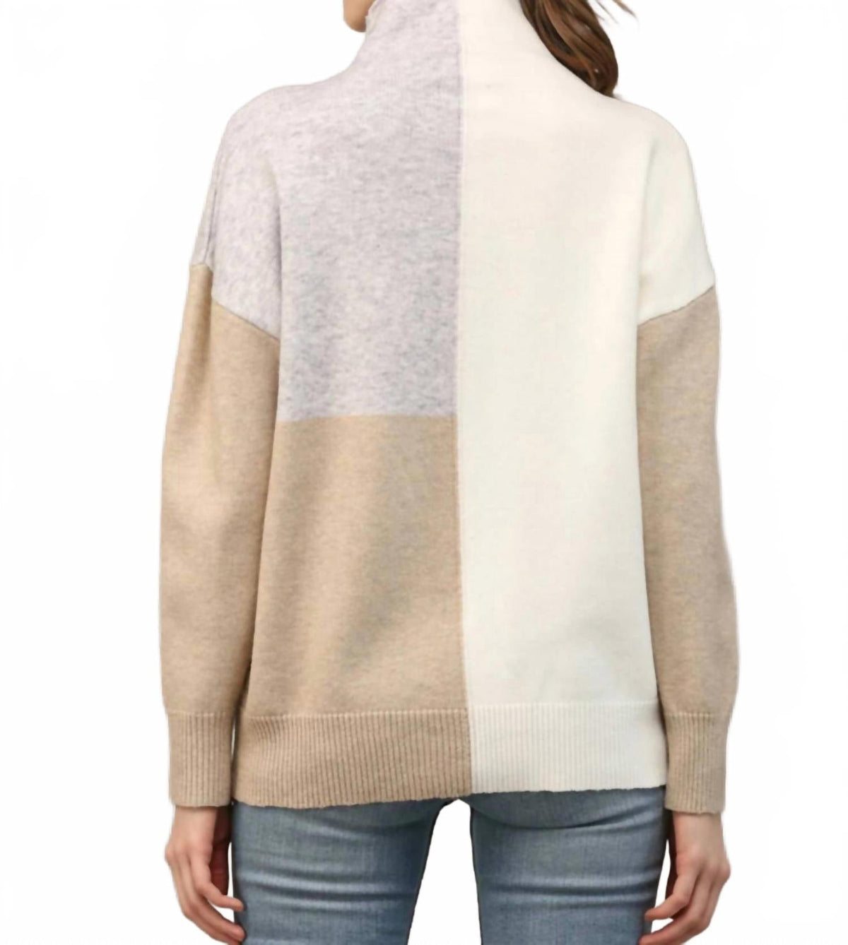 Mock Neck Neutral Color Block Sweater In Beige