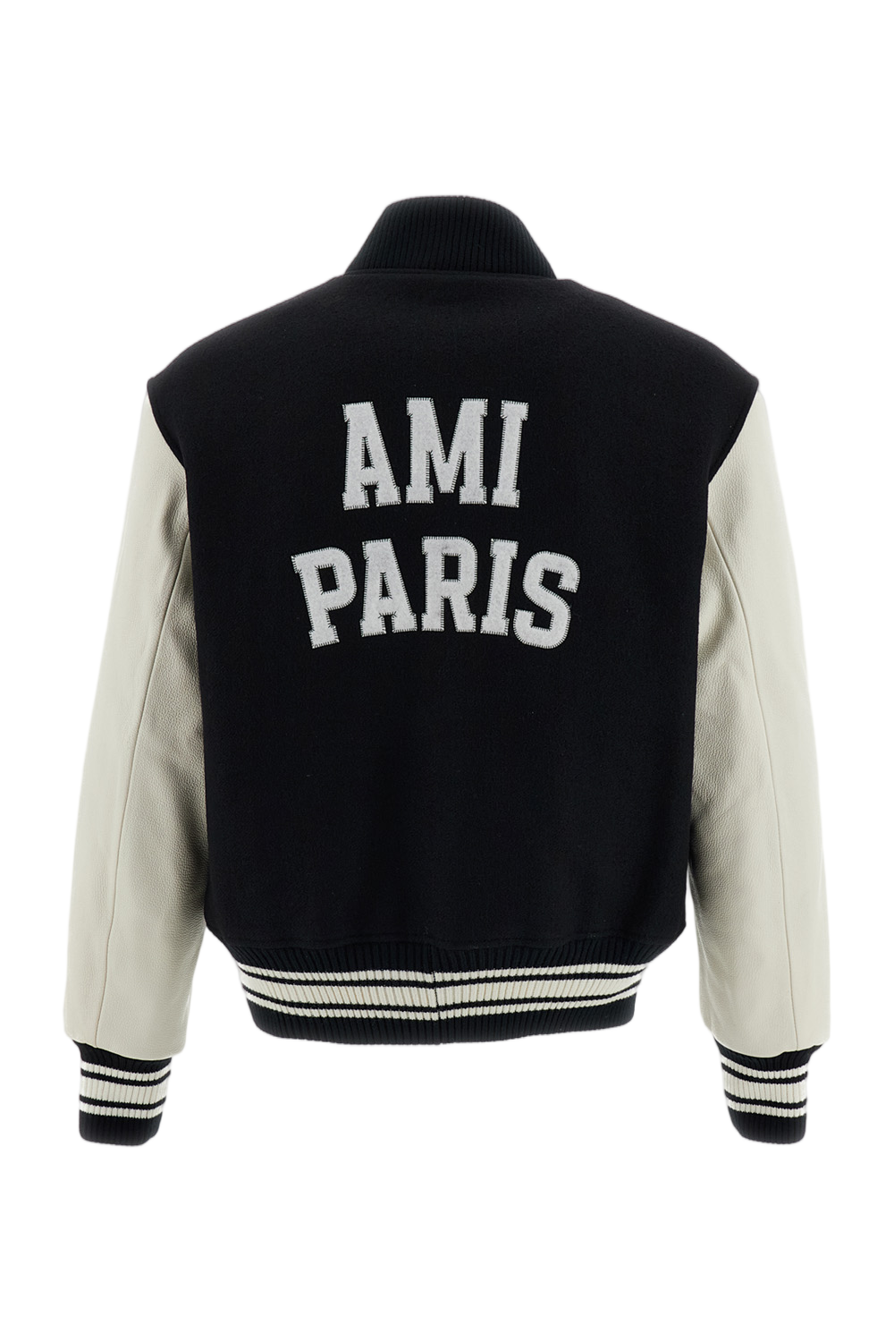 Black Padded Boiled Wool Leather Sleeve Bomber Jacket