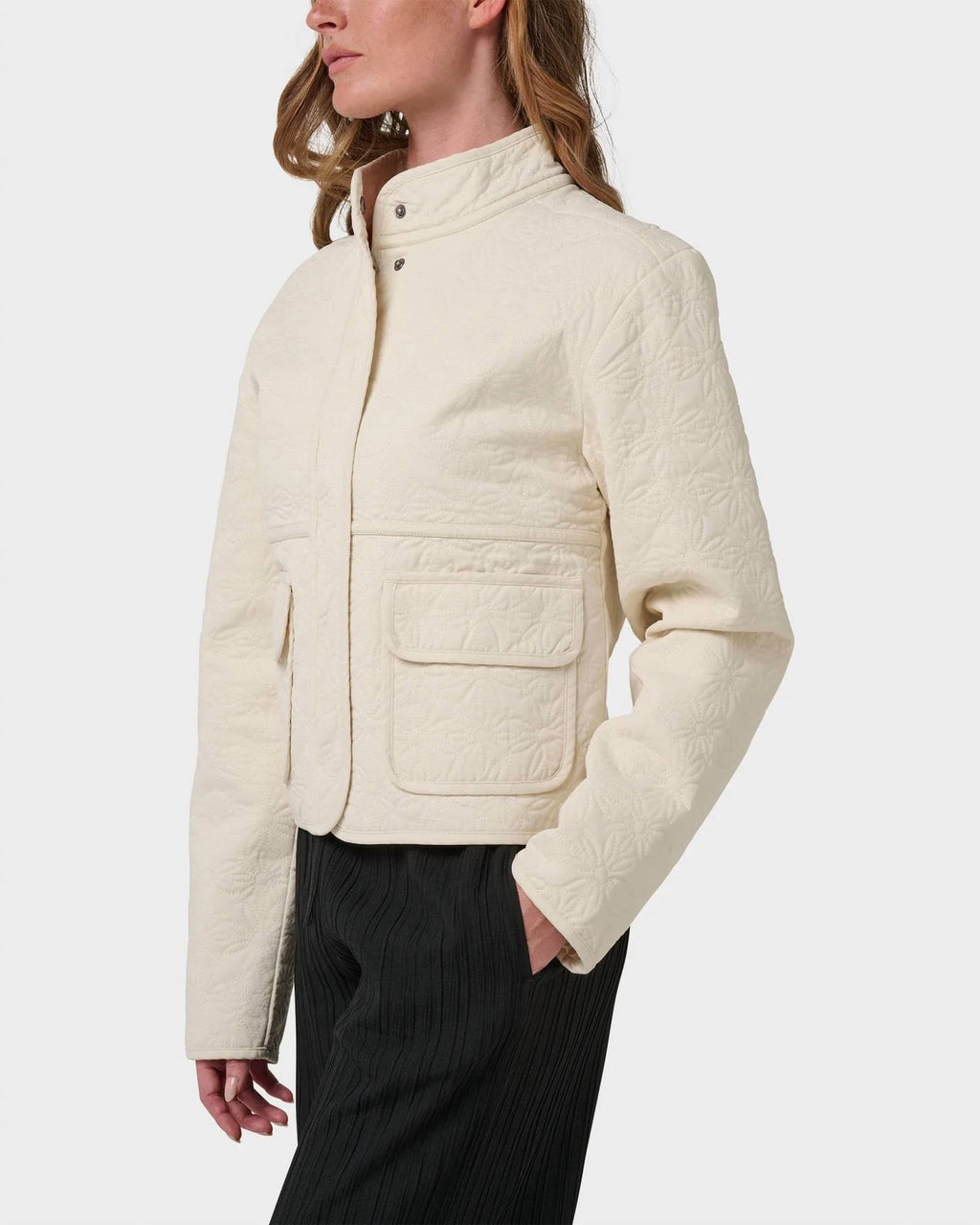 Hidden Snap Front Quilted Jacket In Seashell