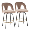 Fixed-Height Counter Stool with Swivel in Black Metal and Taupe Velvet with Round Gold Metal Footrest - Set of 2