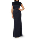 High-Neck Floor-Length Satin Formal Sheath Dress In Dark Navy