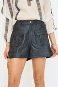 Side Slit Detail Washed Faux Leather Shorts In Black