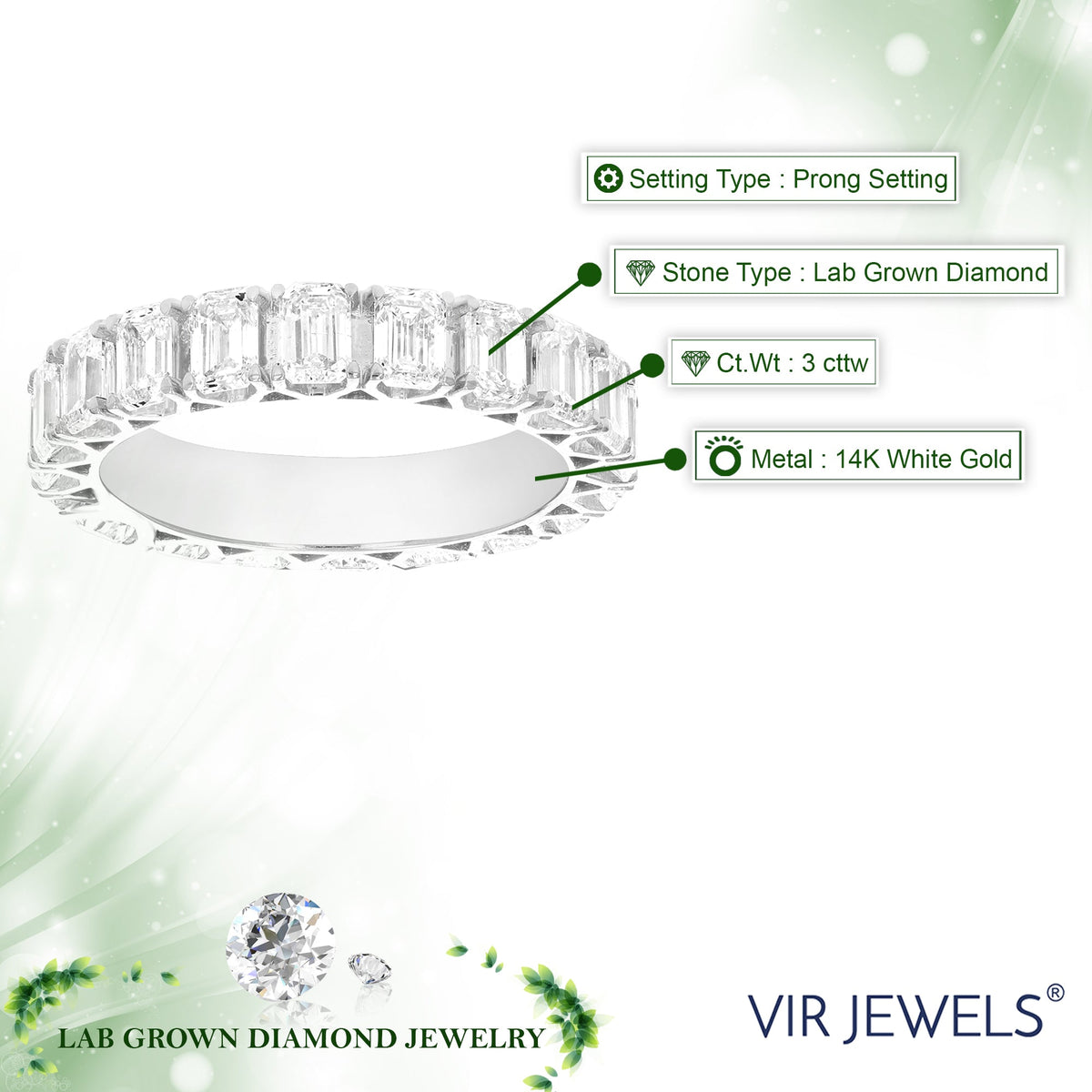 3 cttw Emerald Lab Grown Diamond Eternity Ring Wedding Band in 14K White Gold For Women