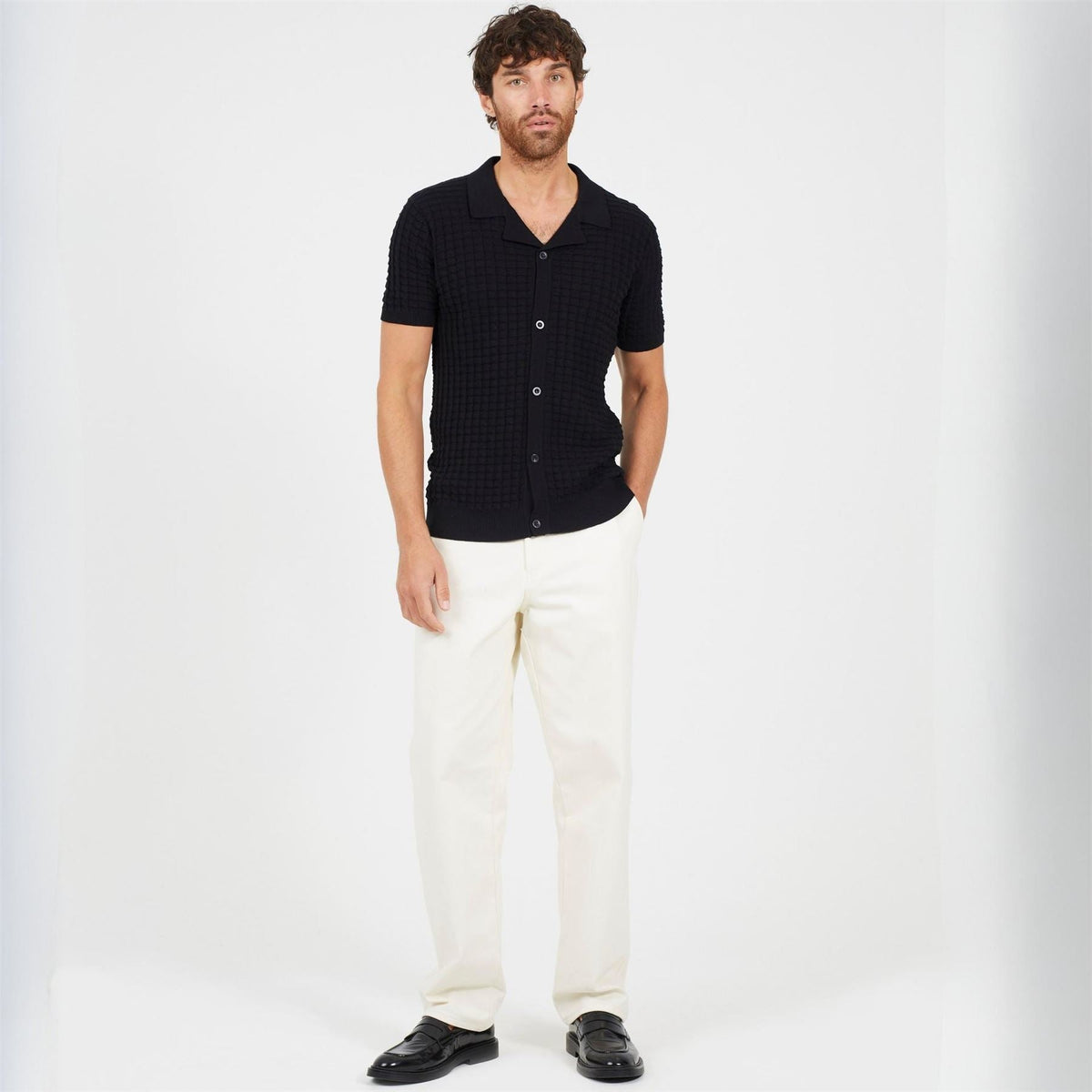 Brave Soul Mens Short Sleeve Revere Collar Jacquard KniT-Shirt