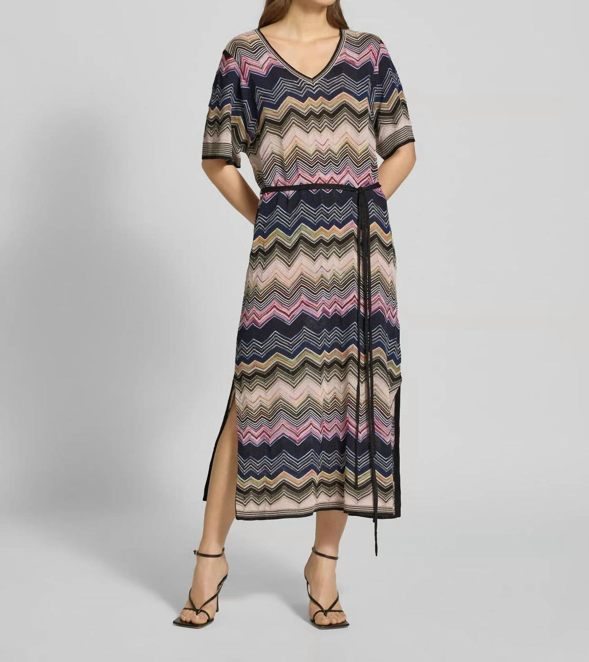 Knitted Zig Zag Print Midi Dress In Rose Blue