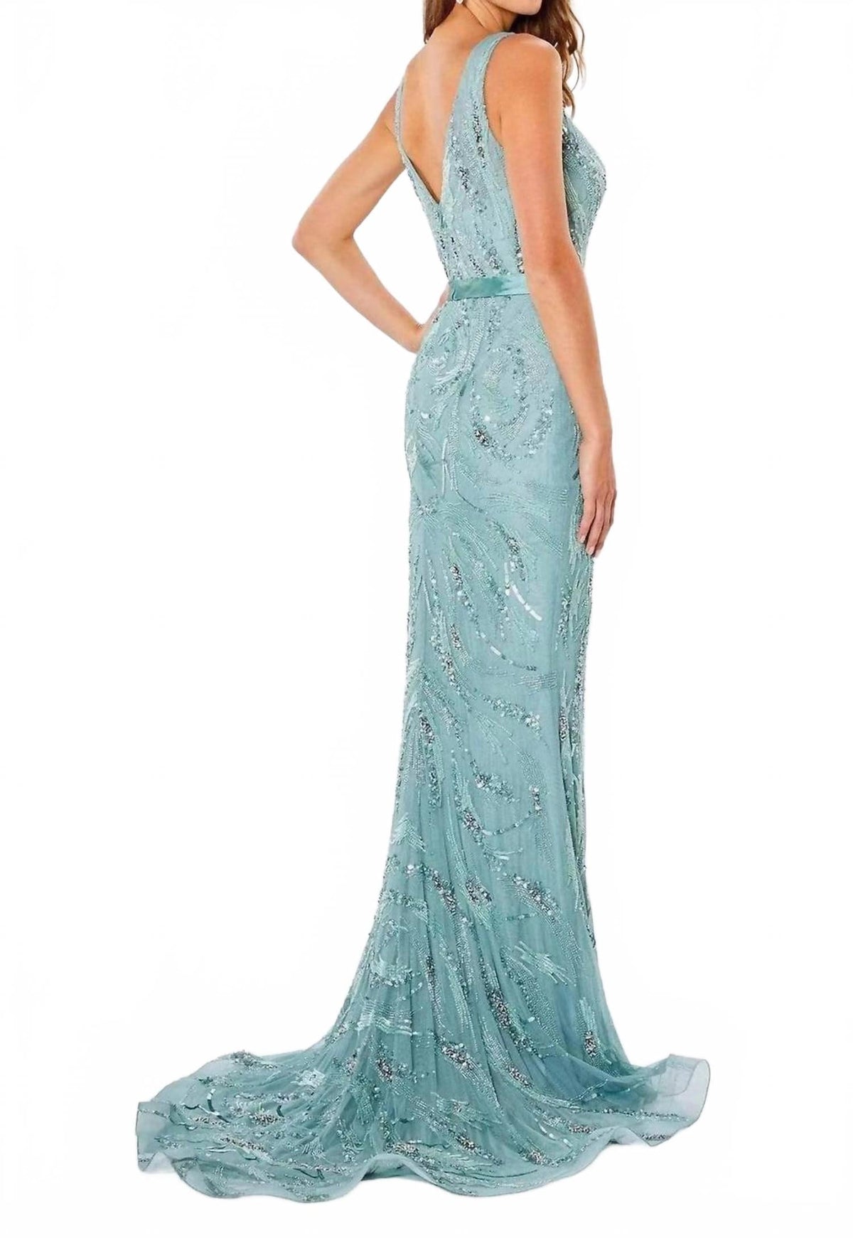 Sleeveless Beaded Evening Gown In Sage
