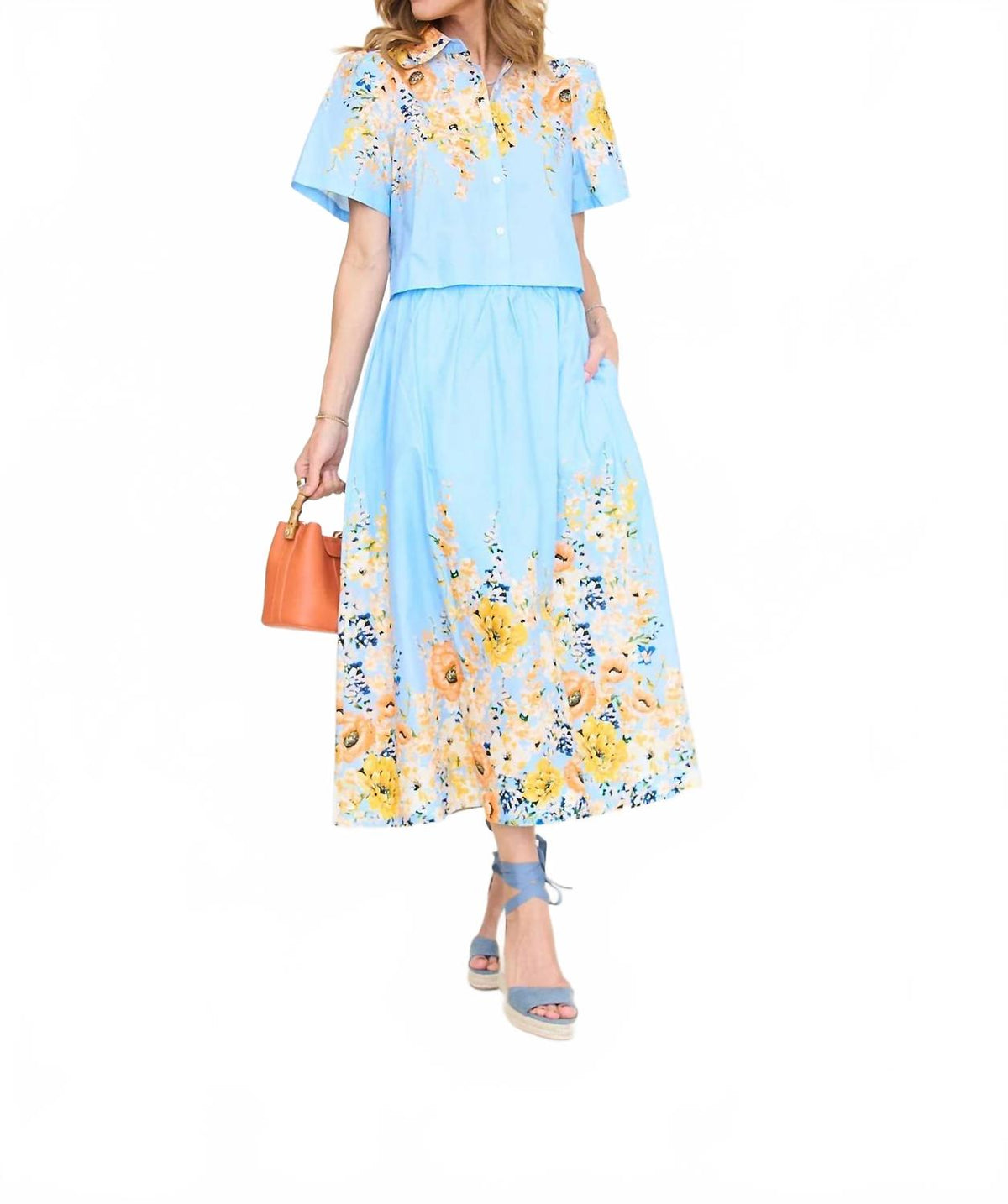 Summer Florals Midi Skirt Set In Blue Multi