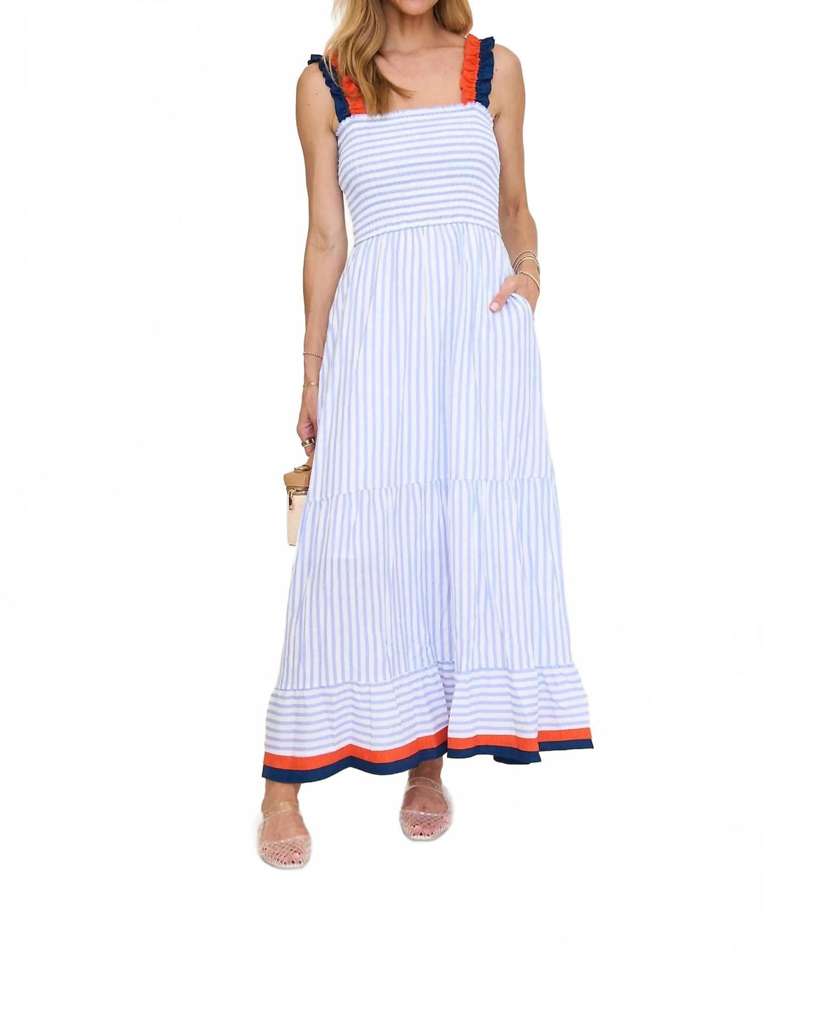 Ruffled Thin Strap Striped Tiered Midi Dress In Blue Multi