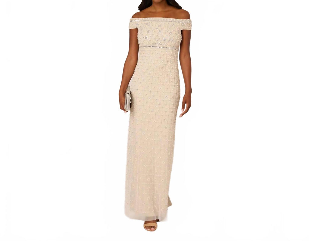 Long Formal Mesh Beaded Evening Dress In Ivory Nude