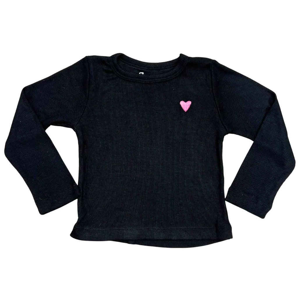 Girl's Embroidered Heart Long Sleeve Tee In Black