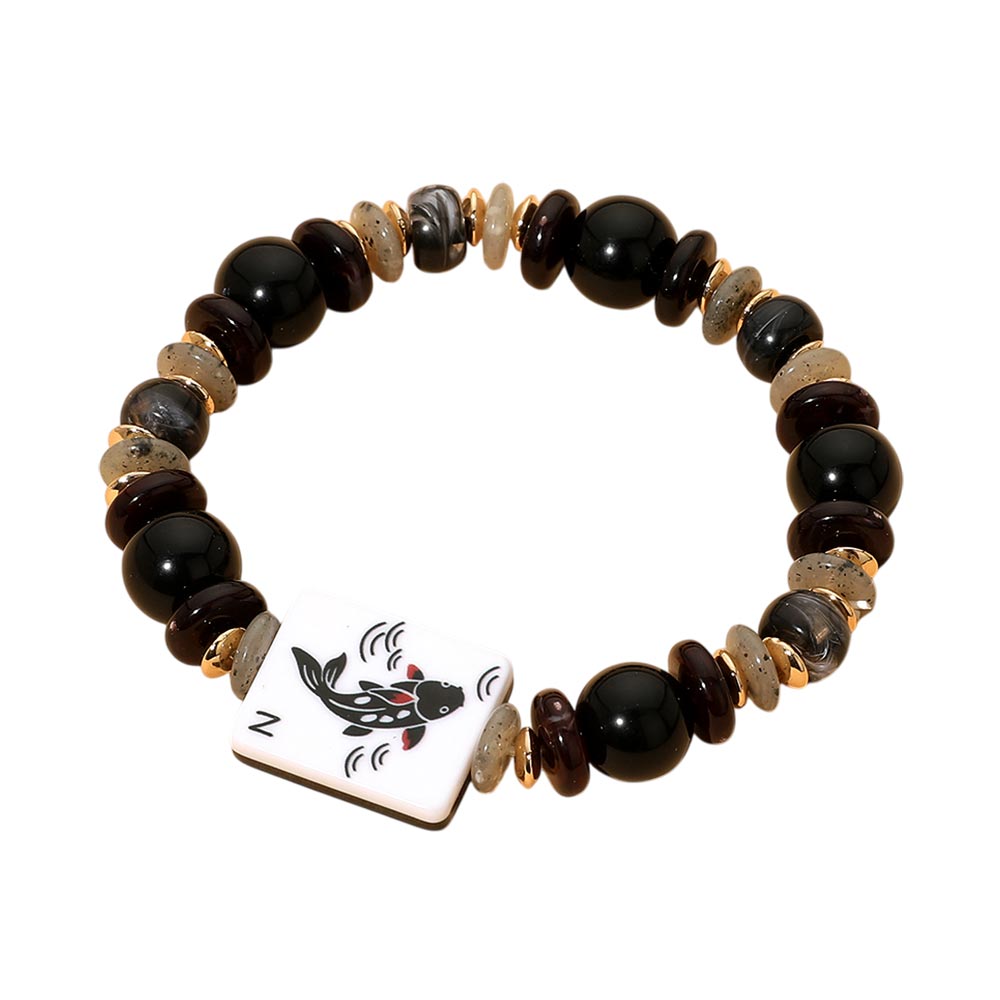 Mahjong Tile Charm Accent Beaded Stretch Bracelet