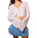 Open Knit Tie Front Shrug In Pink