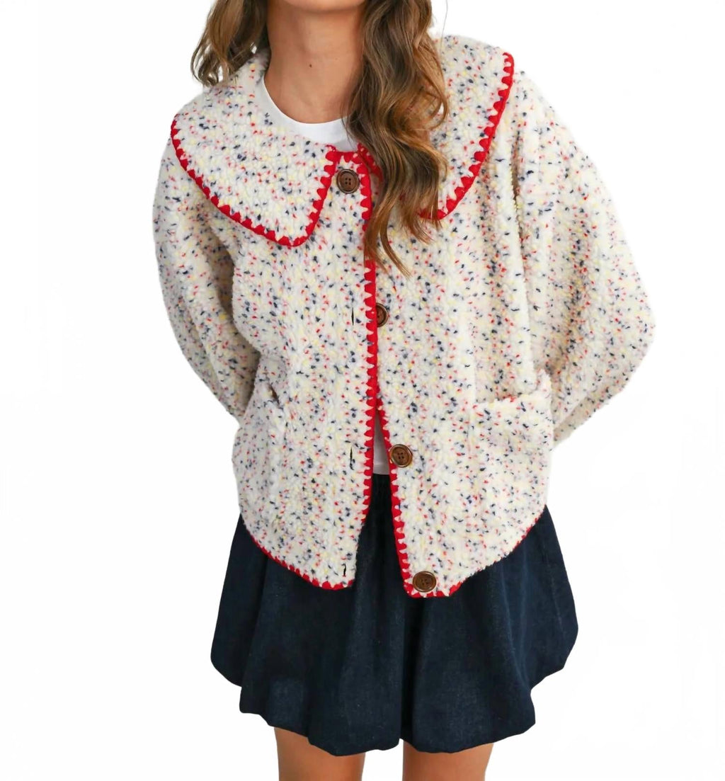 Buttoned Fleece Puffer Jacket In Ivory Multi