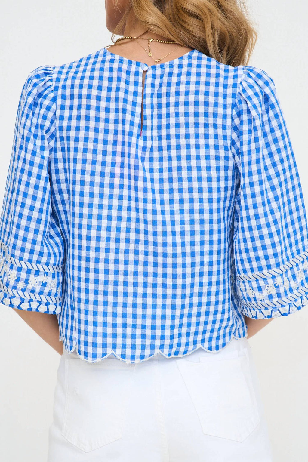 Short Sleeve Gingham Embroidery Detail Top In Blue