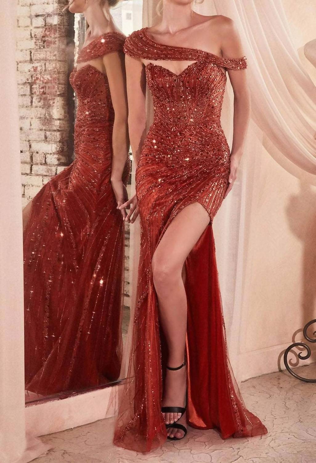 Sequined Strapless Prom Gown In Sienna