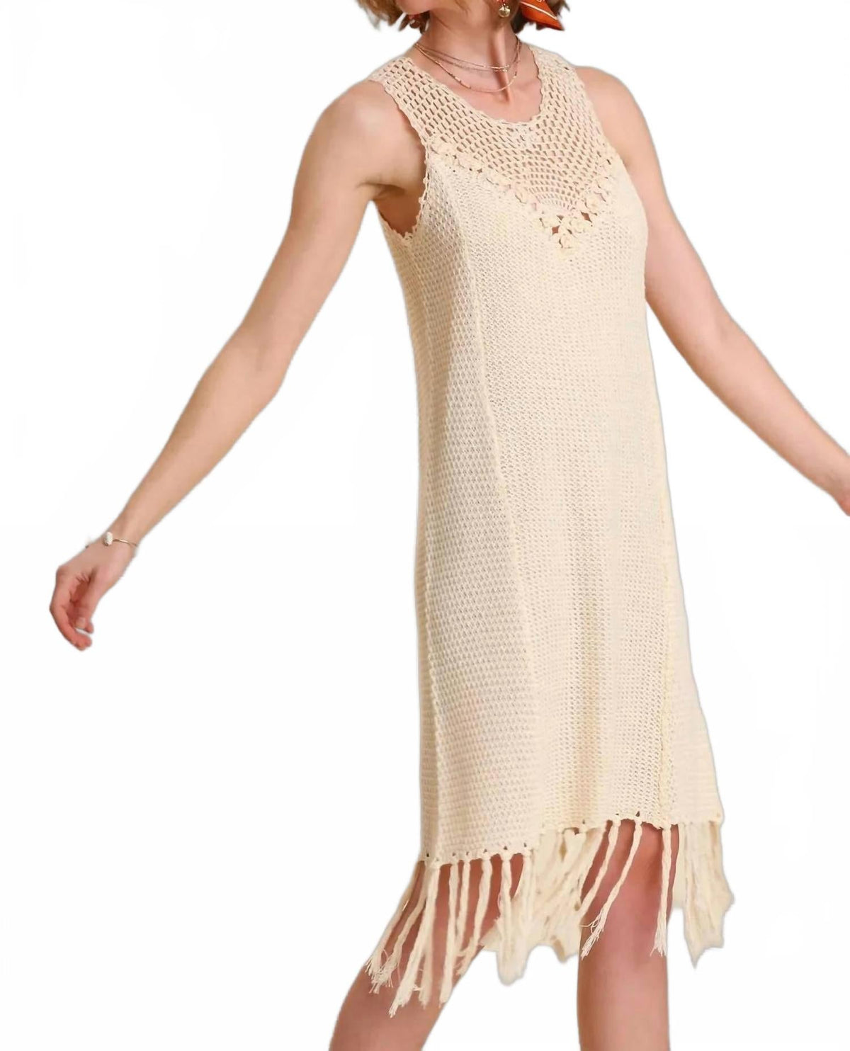 Crochet Collar Fringe Hem Cover-Up Dress In Natural