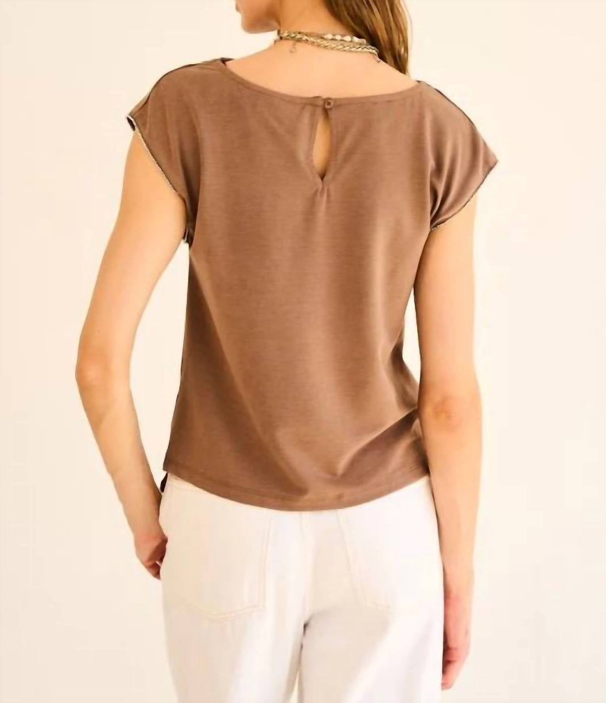 Jeweled Sleeve Top In Brown