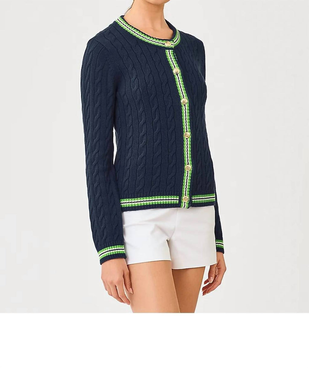 Brockton Crew Neck Cardigan In Low Tide Navy X Chateau Green Tipping