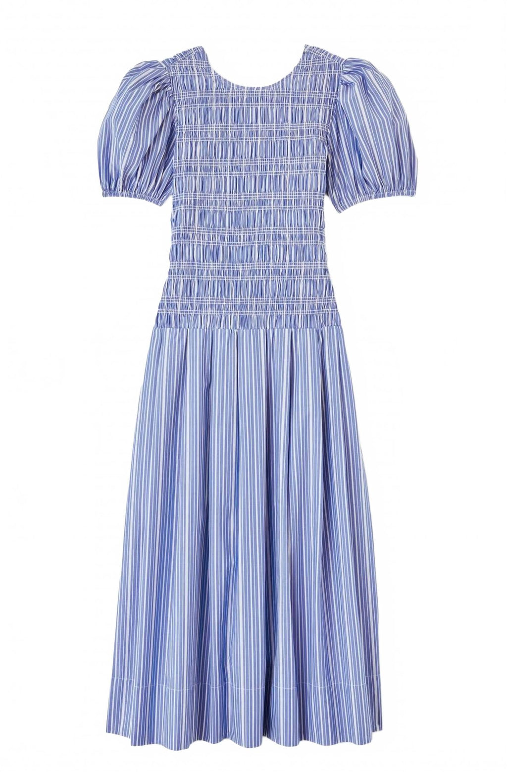 Stripe Cotton Long Smocked Pleated Dress In Nouvean Navy