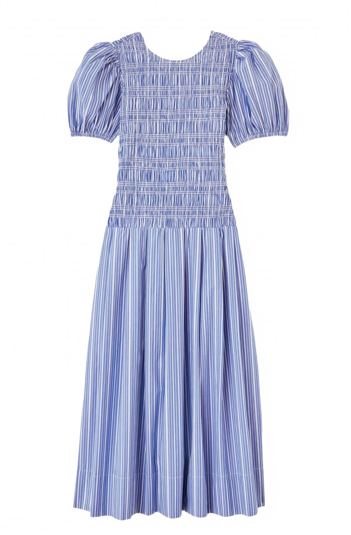 Stripe Cotton Long Smocked Pleated Dress In Nouvean Navy