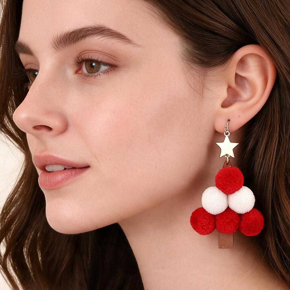 Pom Pom Christmas Tree Dangle Earrings