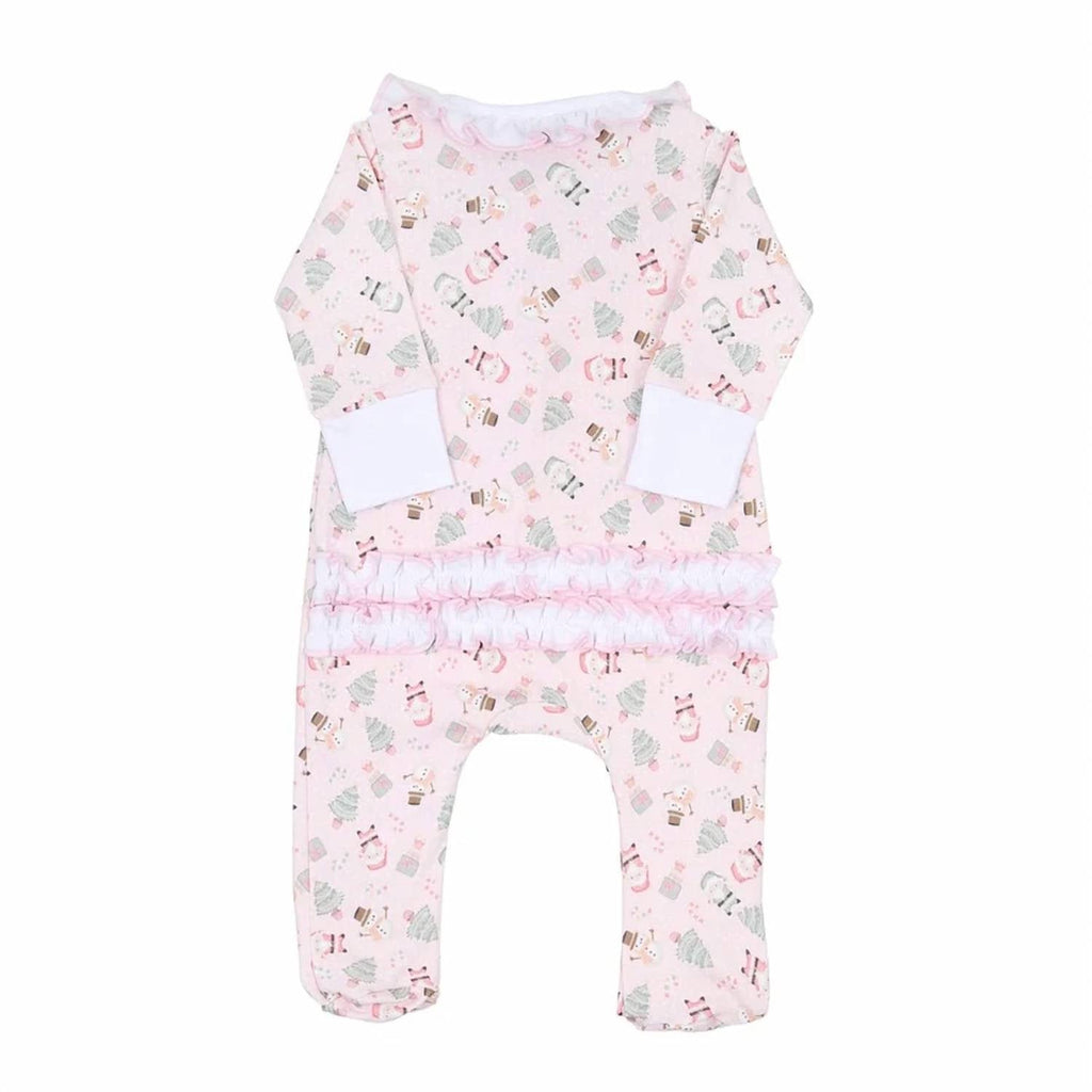 Kid's Sweet Christmas Ruffle Footie In Pink