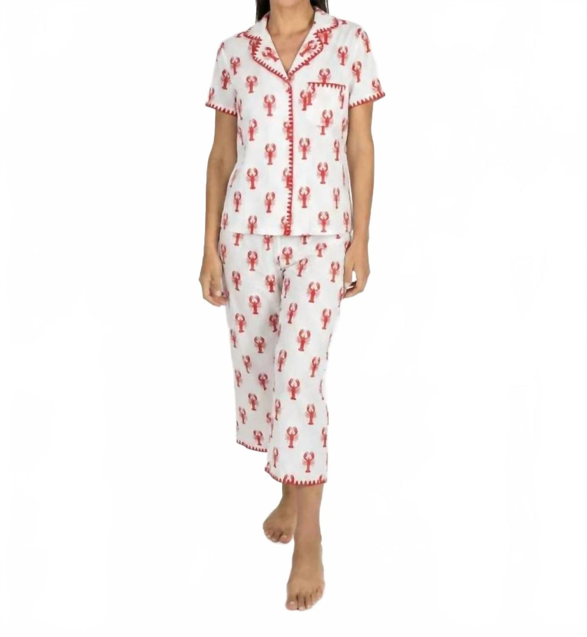 Cute Stitching Lobster Cropped Pajama Set In White
