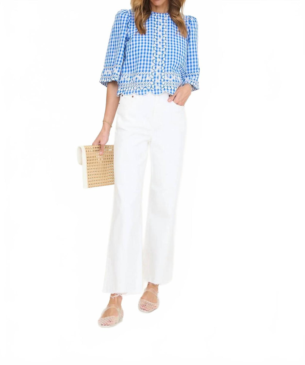 Short Sleeve Gingham Embroidery Detail Top In Blue