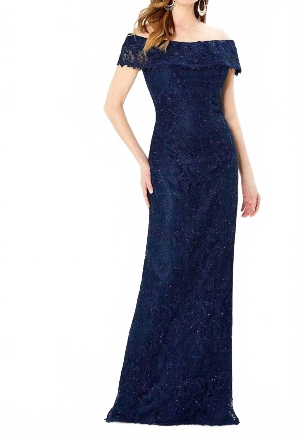 Beaded Lace Sheath Evening Gown In Navy