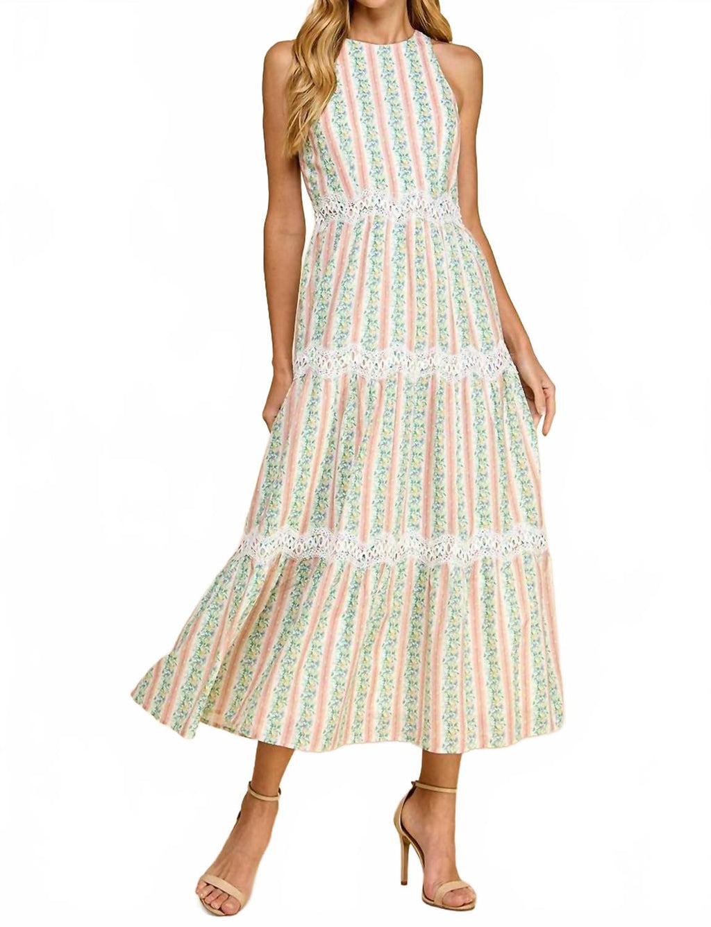 Floral Stripe Scallop Lace Midi Dress In Peach