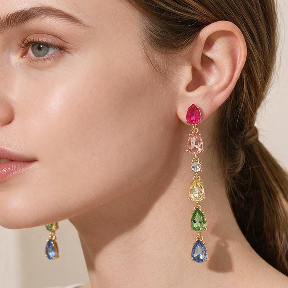 Elegant Colorful Teardrop Stone Cluster Link Linear Drop Evening Earrings