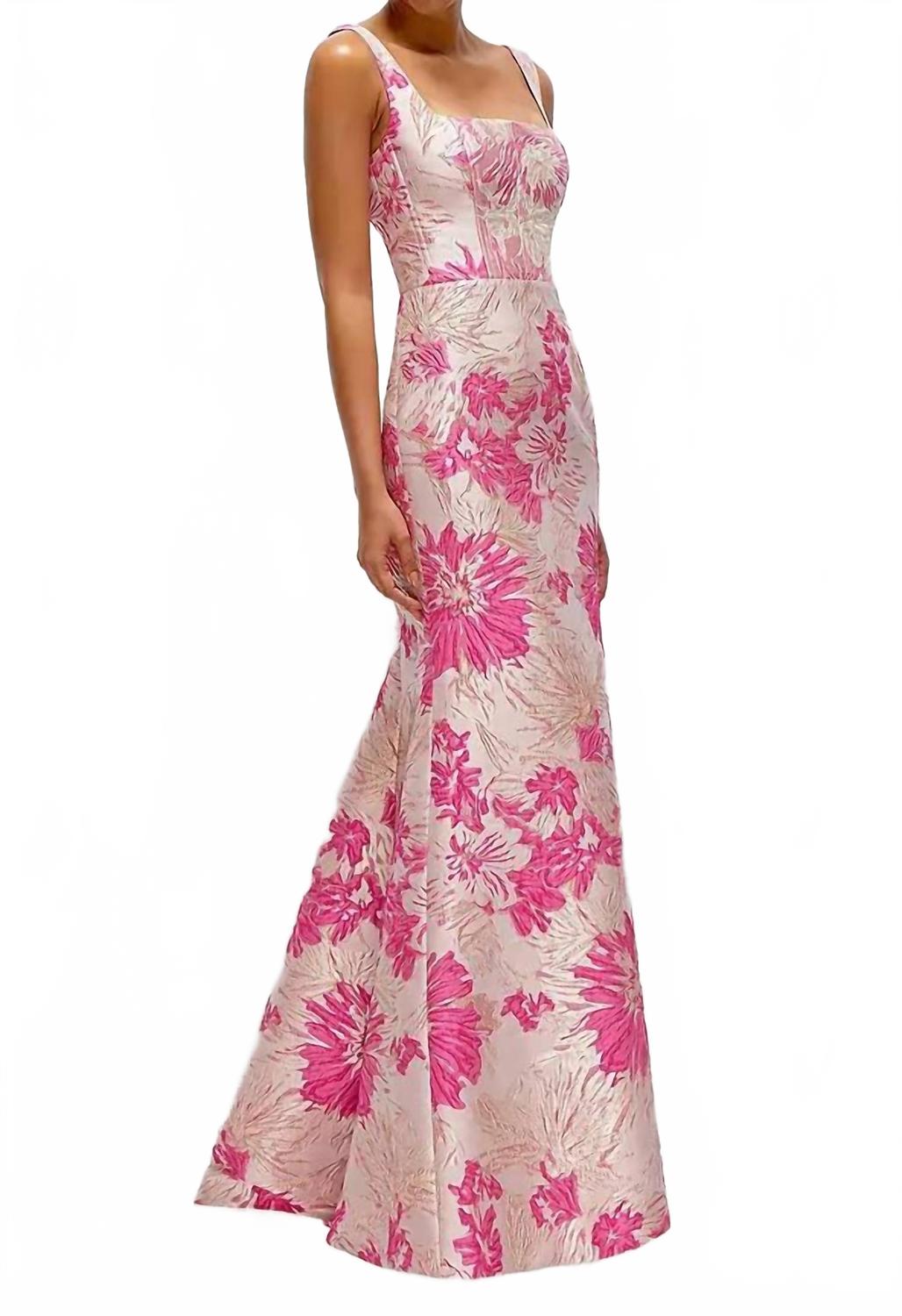 Jacquard Square Neck Maxi Dress In Hibiscus Pink Floral