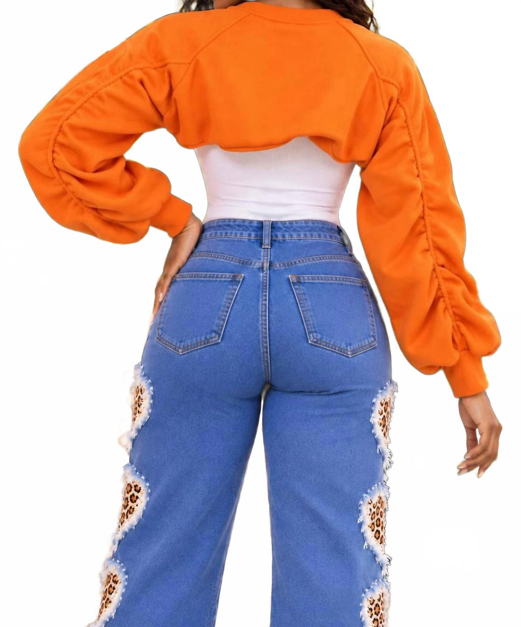 Edgy Ruched Sleeve Cropped Bomber Bolero Shrug Jacket In Orange