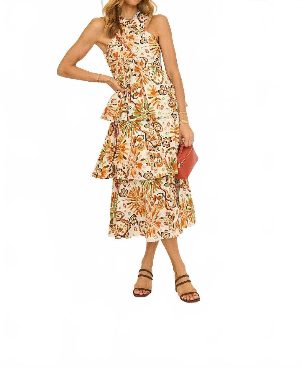 Savanna Tiered Halter Dress In Ivory  Multi