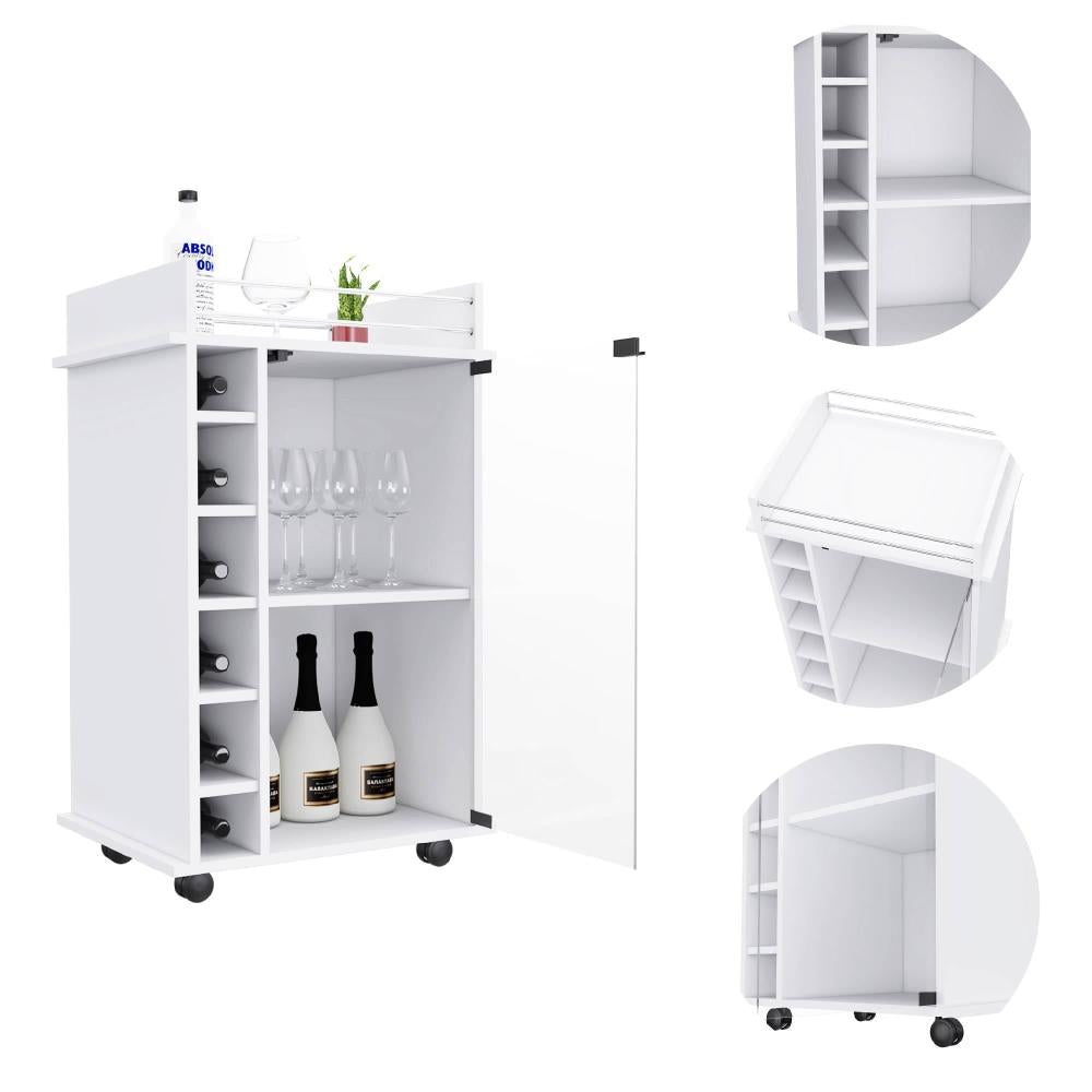 Compact Bar Cart with Glass Door and Six Bottle Compartments