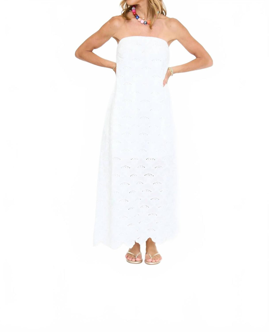Strapless Eyelet Hem Detail Midi Dress In Off-White